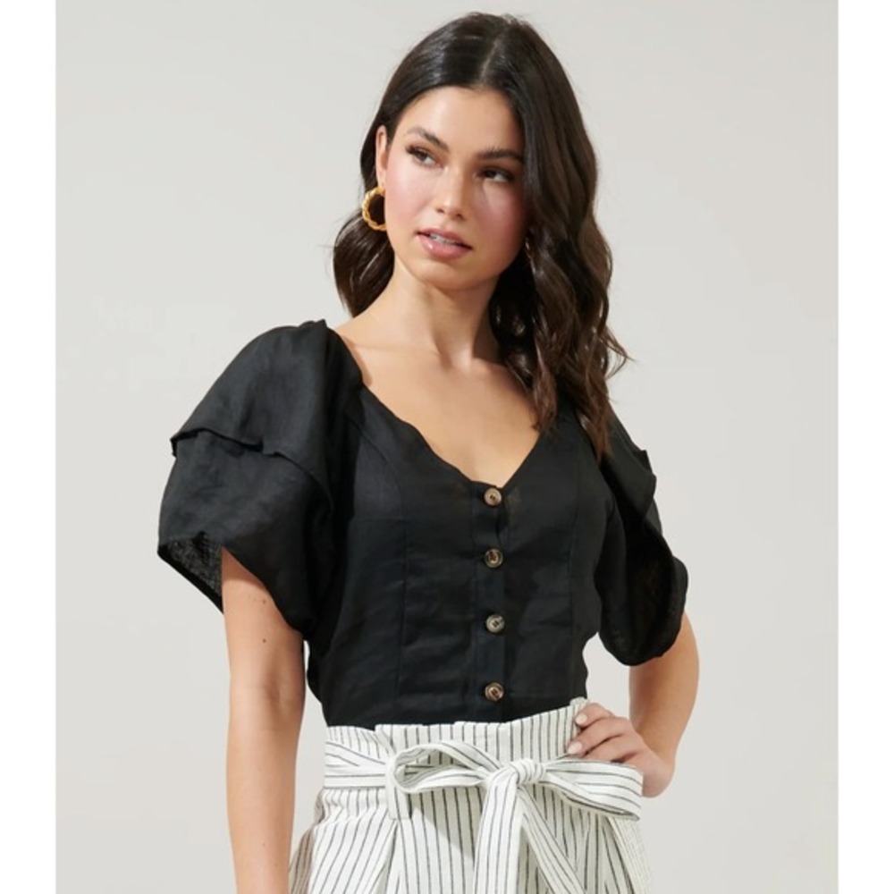 Sugarlips Mirabelle Puff Sleeve Top Black Linen‎ Button Front V-Neck Size Medium